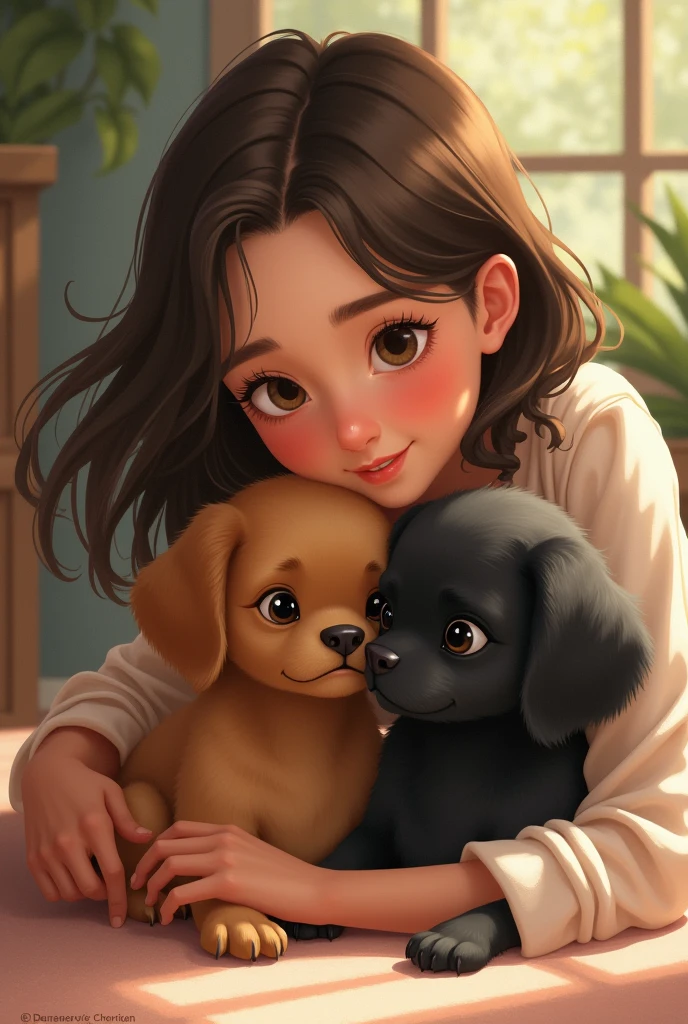 A teenager with somewhat long hair with her two small, furry dogs, one brown and the other black with a flat snout and little paws. 

