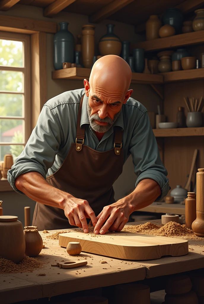 Bald man making crafts with wood
