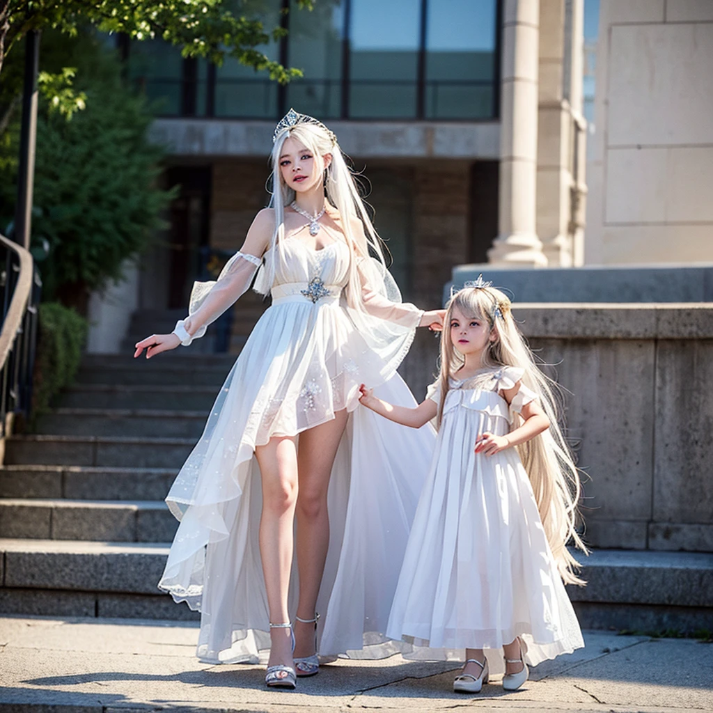 A princess with long white hair, has freckles, with a white dress and crystal heels