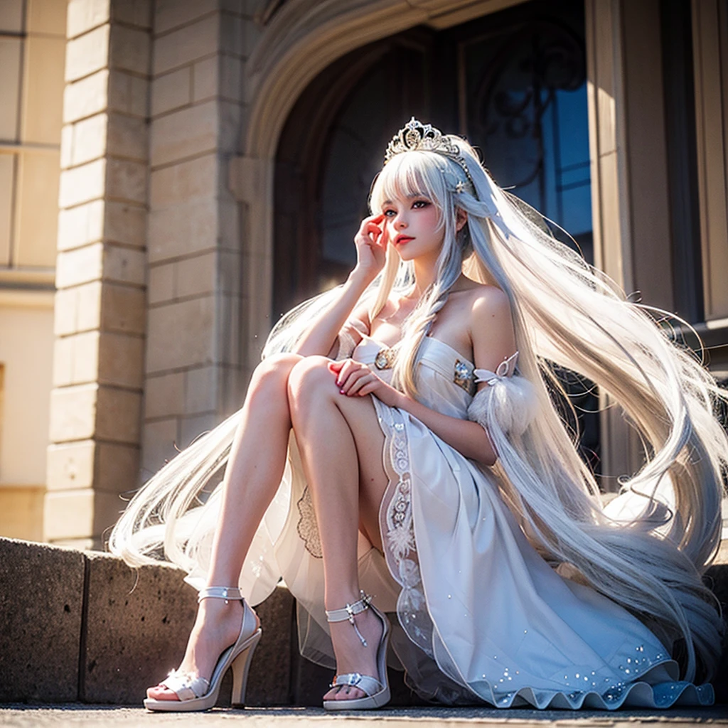 A princess with long white hair, has freckles, with a white dress and crystal heels