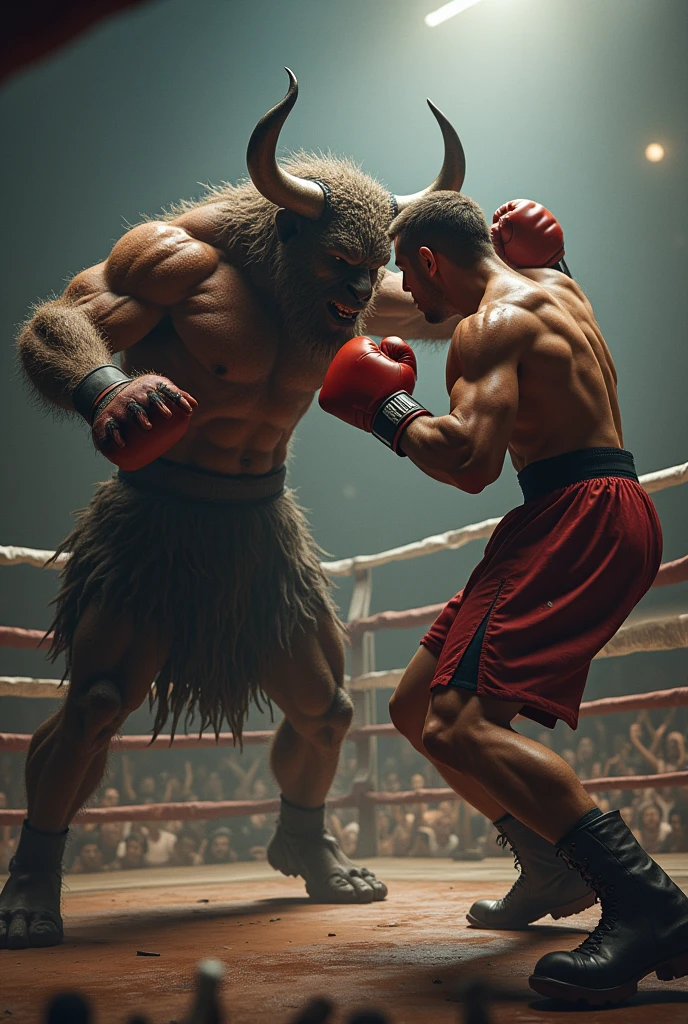 Touro com corpo de homem com luva 🥊 nas mãos dentro de um ringue lutando ferozmente