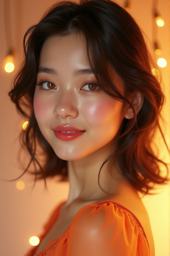 A girl with a cute smile, a beautiful skin color, pink lips and wearing a sealed shirt that flares at the waist. She has beautiful skin with yellow eyes and has a beautiful background.