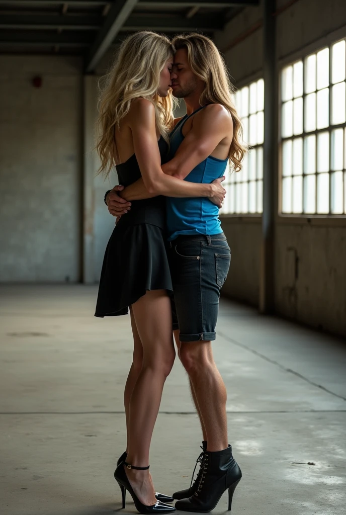 A photograph capturing a strong woman holding a man in her arms, as if effortlessly carrying him like a child. The woman has long blonde hair and is dressed in a black skirt and high heels, exuding confidence. The man, wearing jeans and a blue shirt, is relaxed in her grasp, his arms draped over hers. The setting is an industrial warehouse with large windows and metal beams, with soft, natural light filtering through, casting subtle shadows on the concrete floor.