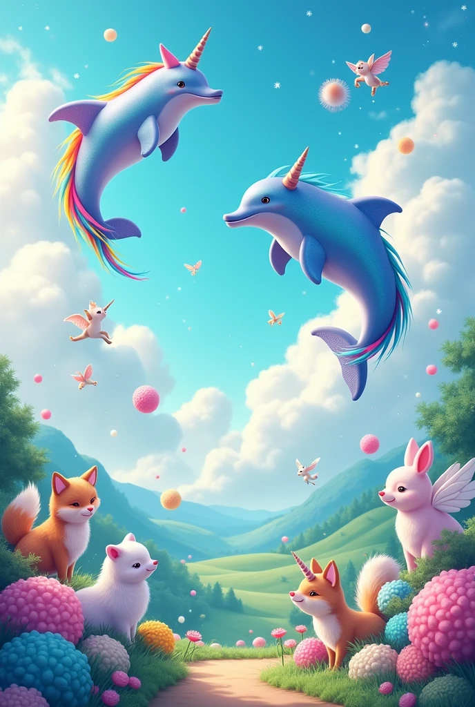 Make a fairy tale with dolphins and unicorns in the cute sky, With several cute animals, a more imaginative world with a fairy tale