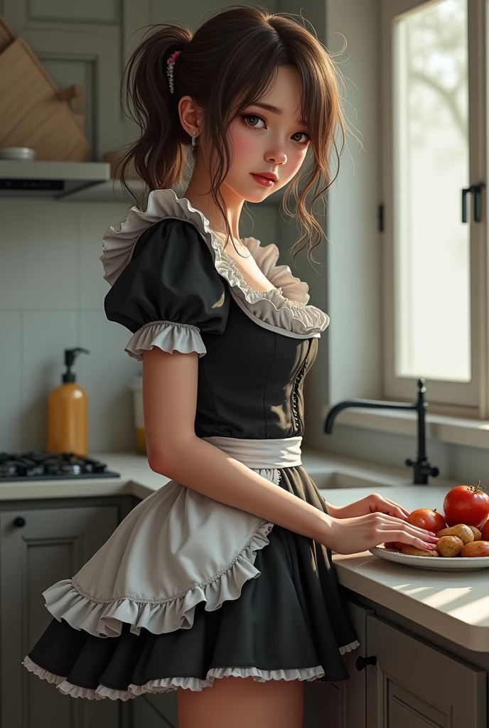 Detailed photorealistic full body portrait from the side of Lindsey_Strutt, ((dressed in a classic black and white frilly French Maid uniform, very short dress, )), fully clothed, stunning, anatomical correct face, soft skin, eyes accurate, windswept hair, perfect skin, brown hair, messy tangled hair, frowning, sad, upset, standing in a modern kitchen of her mistress next to the island