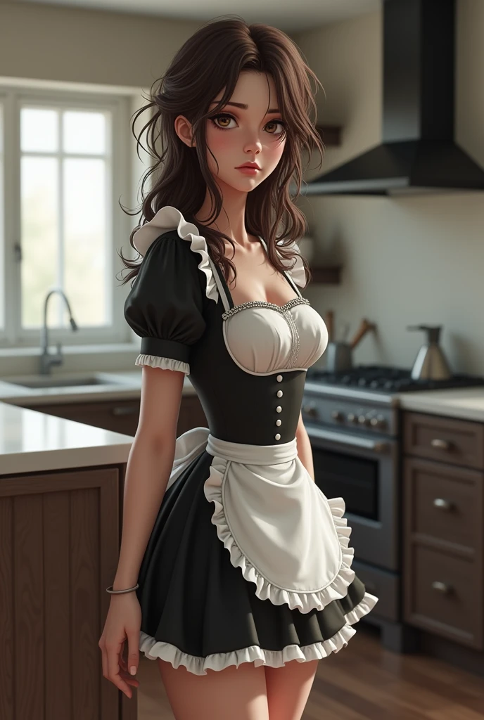 Detailed photorealistic full body portrait from the side of Lindsey_Strutt, ((dressed in a classic black and white frilly French Maid uniform, very short dress, )), fully clothed, stunning, anatomical correct face, soft skin, eyes accurate, windswept hair, perfect skin, brown hair, messy tangled hair, frowning, sad, upset, standing in a modern kitchen of her mistress next to the island