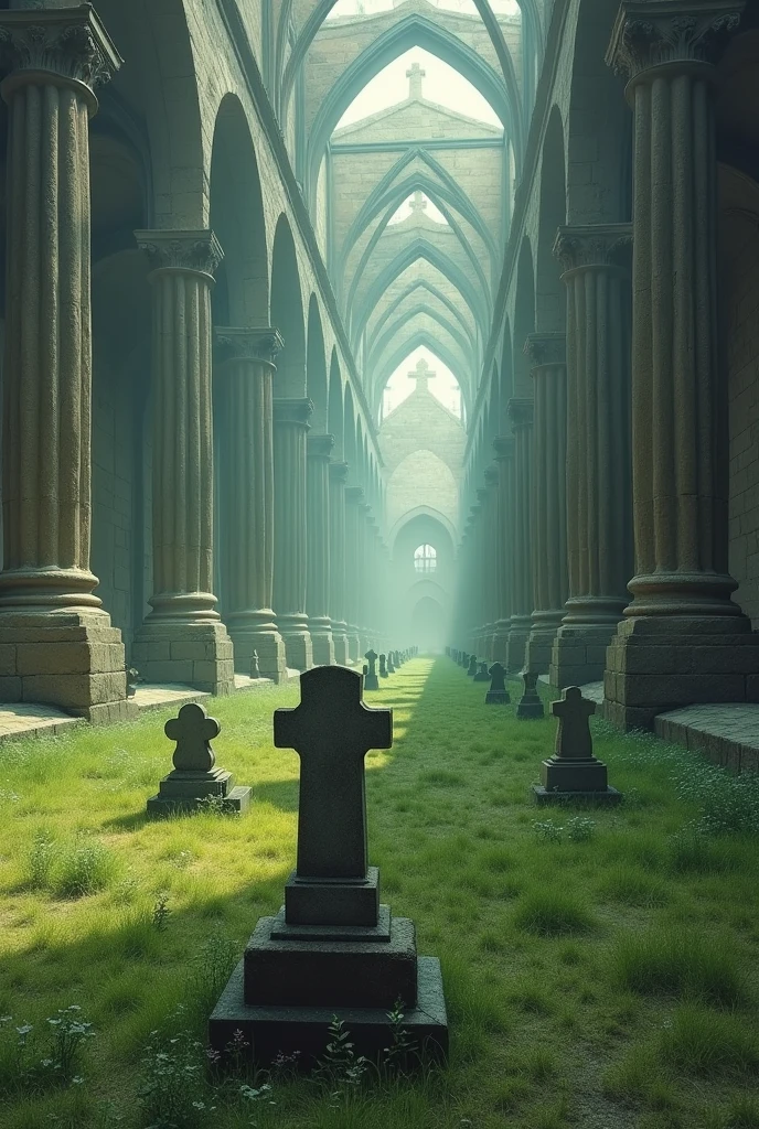 An image where the first thing you see is a grave in a meadow and is followed by a row of graves in perspective, The further away it goes, the more it turns into a hallway of an old cathedral or church.. How Rob Gonsalves&#39;s Unrealism Works