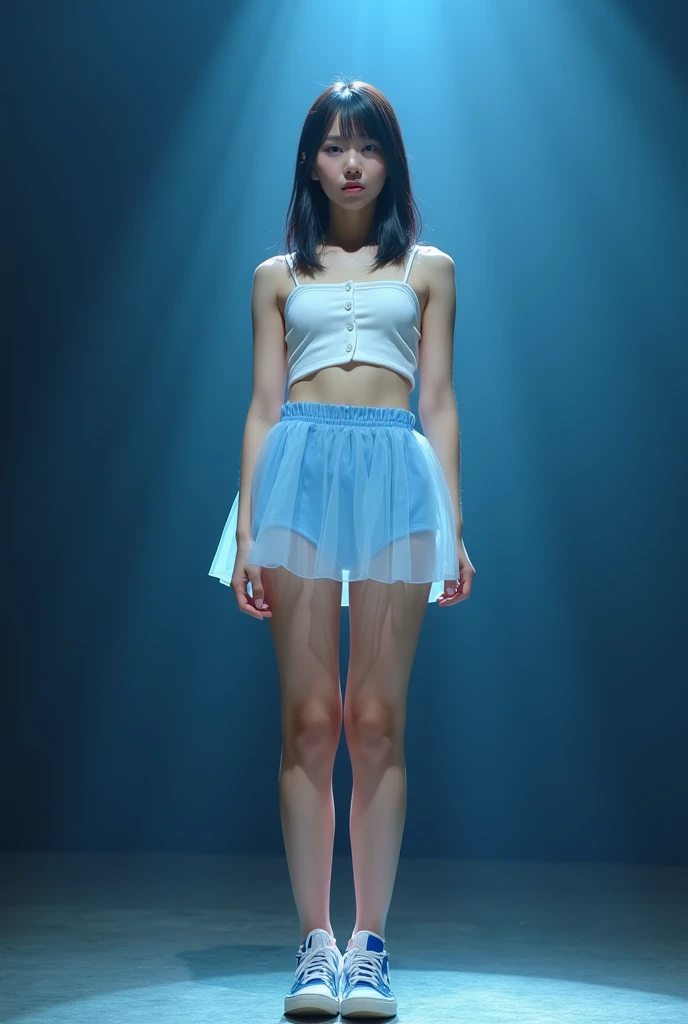 Long shot profile portrait photo of a beautiful cute girl, (front shot from below:1.2), NSFW:1.2, black medium straight hair, Japanese junior idol, neat and clean face, 50mm portrait, peformimg on single stage lighting, Top: white camisole, front button closure, light blue see-through skirt, blue and white shoe, standing on stage, (leg up high:1.2), ((panty shot:1.2)), ((white cotton panties:1.3), (((shot focus on the crotch)), (girl is cheer-leader),