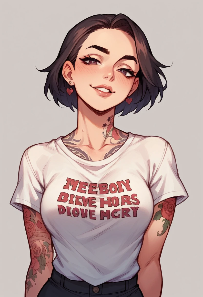sexy secretary, ((innocent face)), erotic pose joining the breasts with the elbows, T-shirt with neckline, Many tattoos