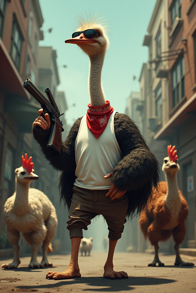 An ostrich dressed as a cholo with sunglasses and a bandana with a gun in the neighborhood and his gang
