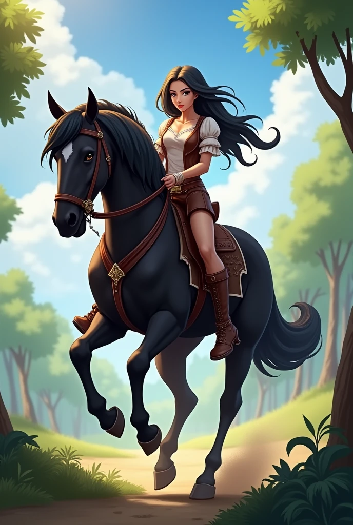 Crée moi un personnage du jeux star stable online, une fille avec de long cheveux marron sur son cheval noir de race frison