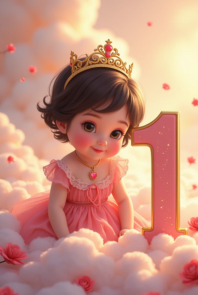 image of baby princess Aurora, for his first year with short black hair, White skin, pink dress, clouds, crown and the thick number 1 and happy birthday and the name Aurora in Spanish