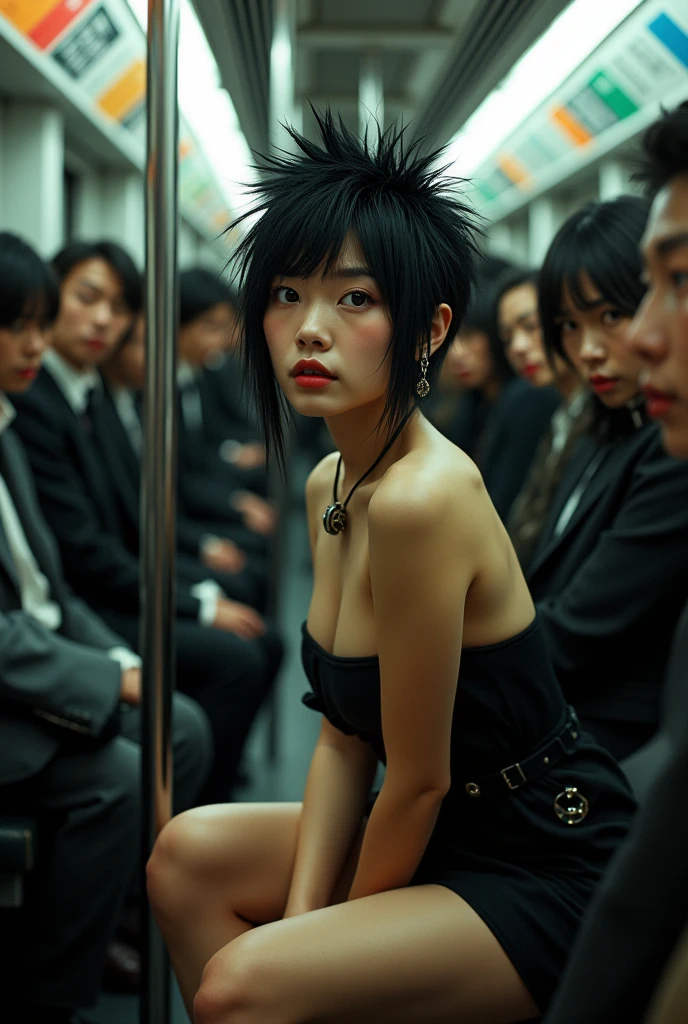 A beautiful Japanese woman with a spiky punk hairdo, sitting in the front seat of a crowded subway, wearing a short dress, detailed face, beautiful thighs

(best quality,4k,8k,highres,masterpiece:1.2),ultra-detailed,(realistic,photorealistic,photo-realistic:1.37),HDR,UHD,studio lighting,ultra-fine painting,sharp focus,physically-based rendering,extreme detail description,professional,vivid colors,bokeh,portrait,photography