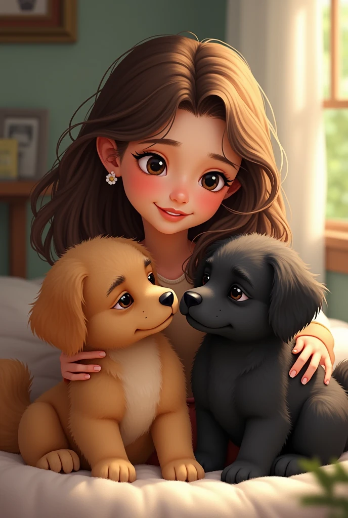 A teenager with somewhat long hair with her two small, furry dogs, one brown and the other black with a flat snout and little paws. 
