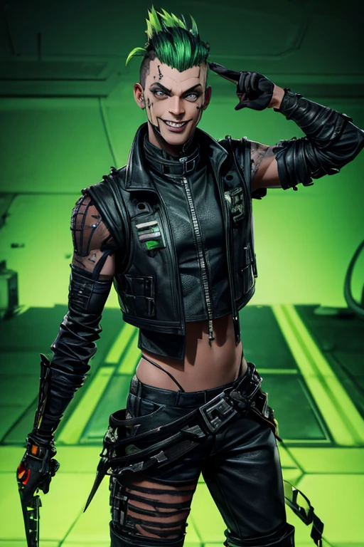 Villain, sci fi male, evil smile, a rat-faced, thin man with lots of scars and cybernetic prosthetics arm, Xtreme, open black torn leather vest, dirt on his clothes and face, black outfit, toxic green punk mohawk ,in sewers, dramatic lighting, realistic colors, highres, vivid colors, stunning green toxic sewers landscape background!, 8K image quality, Masterpiece