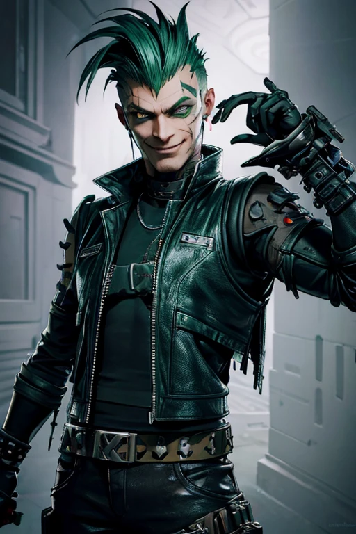 Villain, sci fi male, evil smile, a rat-faced, thin man with lots of scars and cybernetic prosthetics arm, Xtreme, open black torn leather vest, dirt on his clothes and face, black outfit, toxic green punk mohawk ,in sewers, dramatic lighting, realistic colors, highres, vivid colors, stunning green toxic sewers landscape background!, 8K image quality, Masterpiece