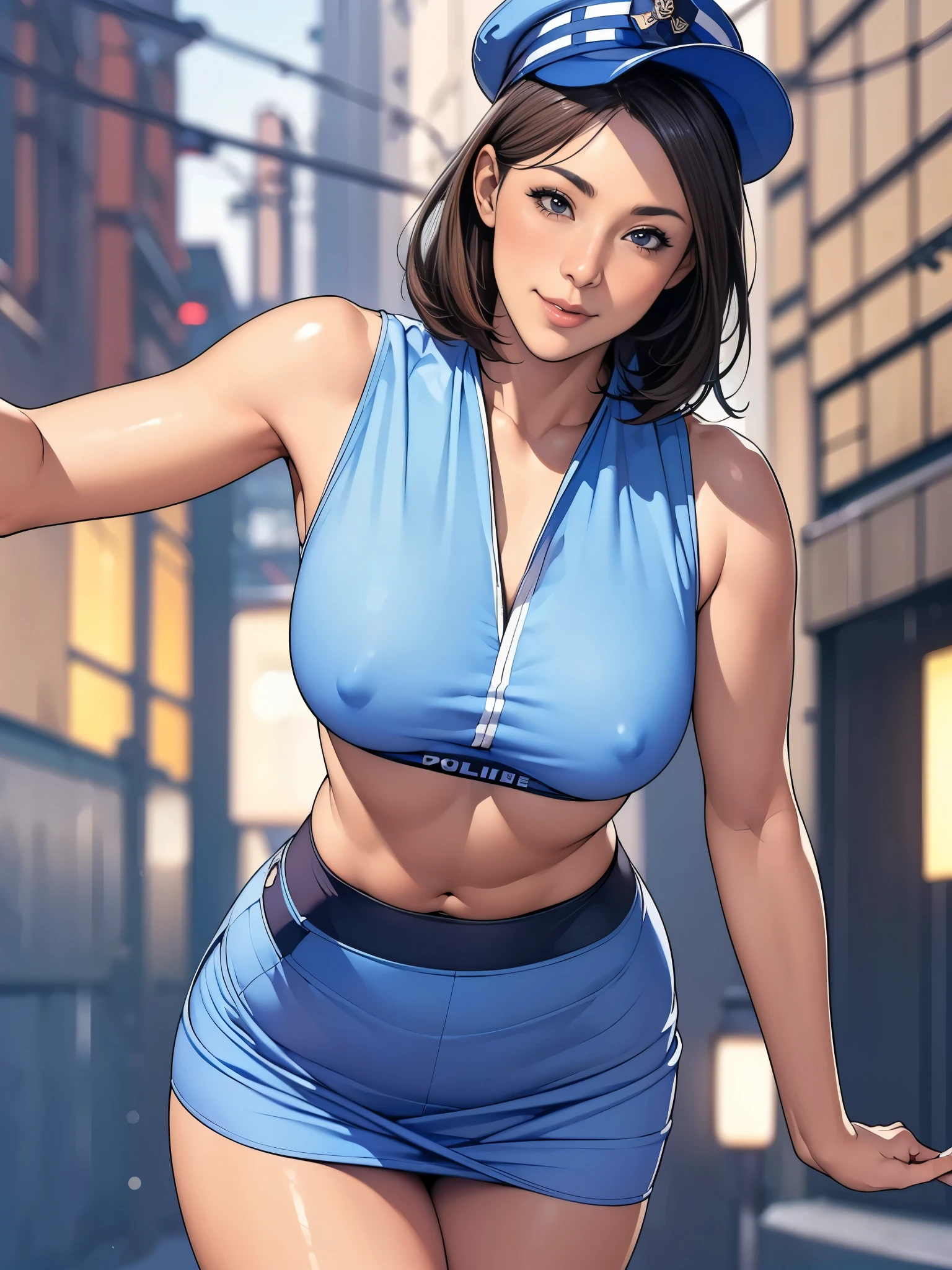 ((Armpit Show)),((Sleeveless)),(masterpiece:1.2, Highest quality), (Realistic, photoRealistic:1.4),Beautiful illustrations,(Natural Side Lighting, Cinema Lighting),1 female,Japanese,Mature Woman,Female police officer on patrol,4,Perfect Face, Symmetrical face, Glowing Skin,Random Hairstyles,Big eyes,Sexy Eyes,(smile),(whole body),break((Police Officer Shirt)),((A tight mini skirt made from very thin fabric)),(Police hat),(Police Pantyhose),(The background is a street corner:1.5),(((Background Blur:1.5))),((Police uniform)),break(((front:1.5))),(((Leaning forward))),((Beautiful hand-drawn))