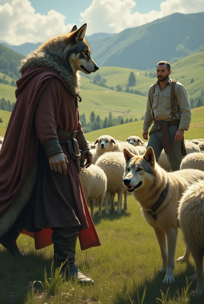 Now the wolf dressed as a shepherd imagines in his mind tasting the sheep. But then the shepherd and his dog come out because they notice the presence of the wolf who was dressed as a shepherd.