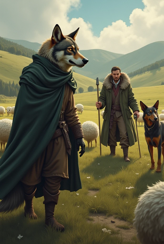 Now the wolf dressed as a shepherd imagines in his mind tasting the sheep. But then the shepherd and his dog come out because they notice the presence of the wolf who was dressed as a shepherd.