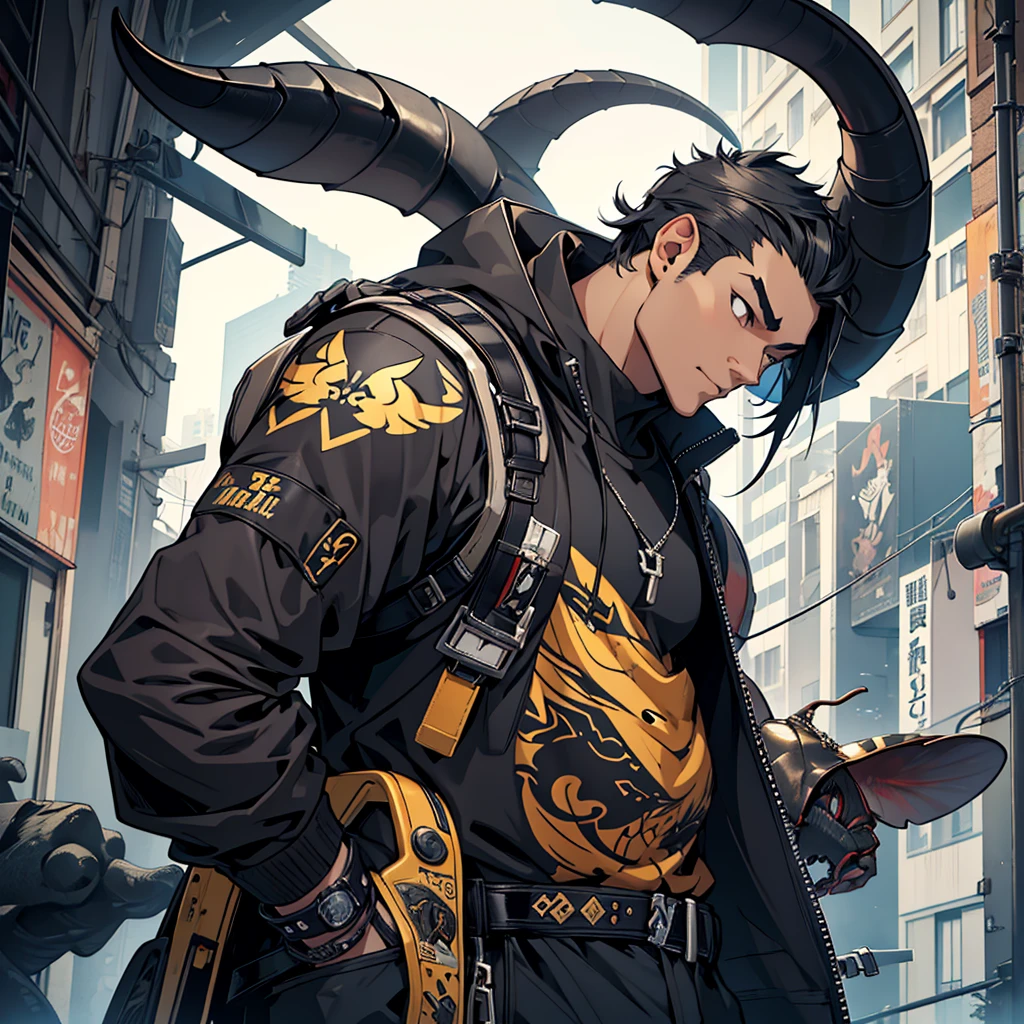 Create an image fusing the character style from the first image with a Hercules beetle. The character should keep the anime-style art and urban outfit, with beetle-like features. Include beetle horns on the head and integrate an exoskeleton texture subtly into the clothing and skin, while maintaining the original urban, moody atmosphere.