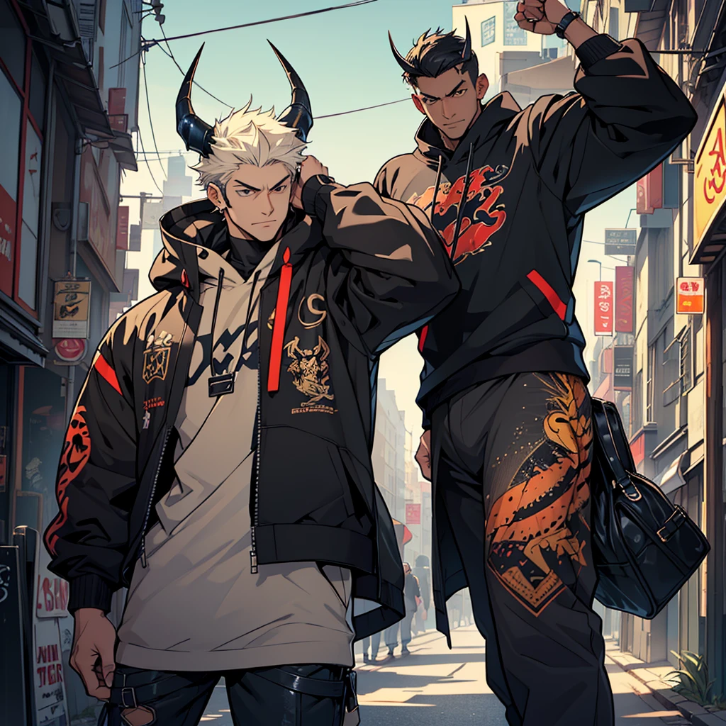 Create an image fusing the character style from the first image with a Hercules beetle. The character should keep the anime-style art and urban outfit, with beetle-like features. Include beetle horns on the head and integrate an exoskeleton texture subtly into the clothing and skin, while maintaining the original urban, moody atmosphere.