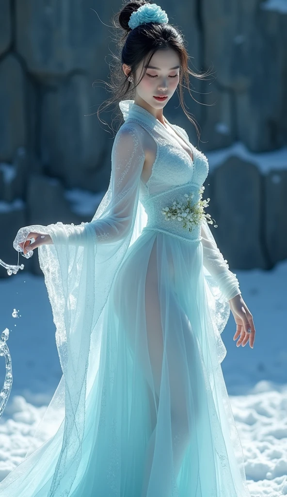 (Ice sculpture:1.4),Movie angle,(Fan Bingbing, Ice Sculpture Girl,Anatomically correct,Full Body Lesbian,Masterpiece ice sculpture camellia,Masterpieces: Hanfu,smile),sexy