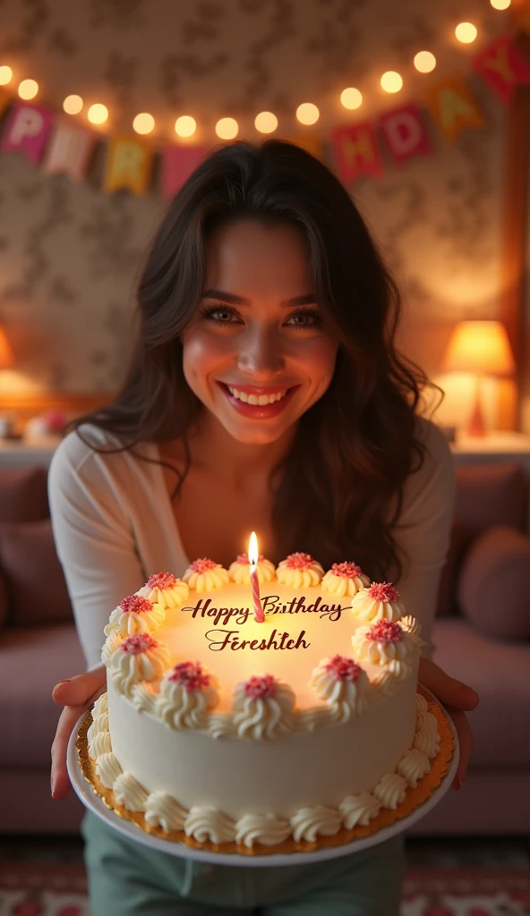 A beautiful lady is leaning forward with a warm smile, offering a birthday cake. The cake is intricately decorated, with the words "Happy Birthday Fereshteh" written in elegant, high-quality icing. Behind her, a vibrant 'Happy Birthday' Glow Party Ribbon Banner stretches across the wall, adding a festive atmosphere to the room. The setting is a super realistic, cozy living room, filled with luxurious and friendly furnishings that exude warmth and comfort, creating a perfect backdrop for the celebration.