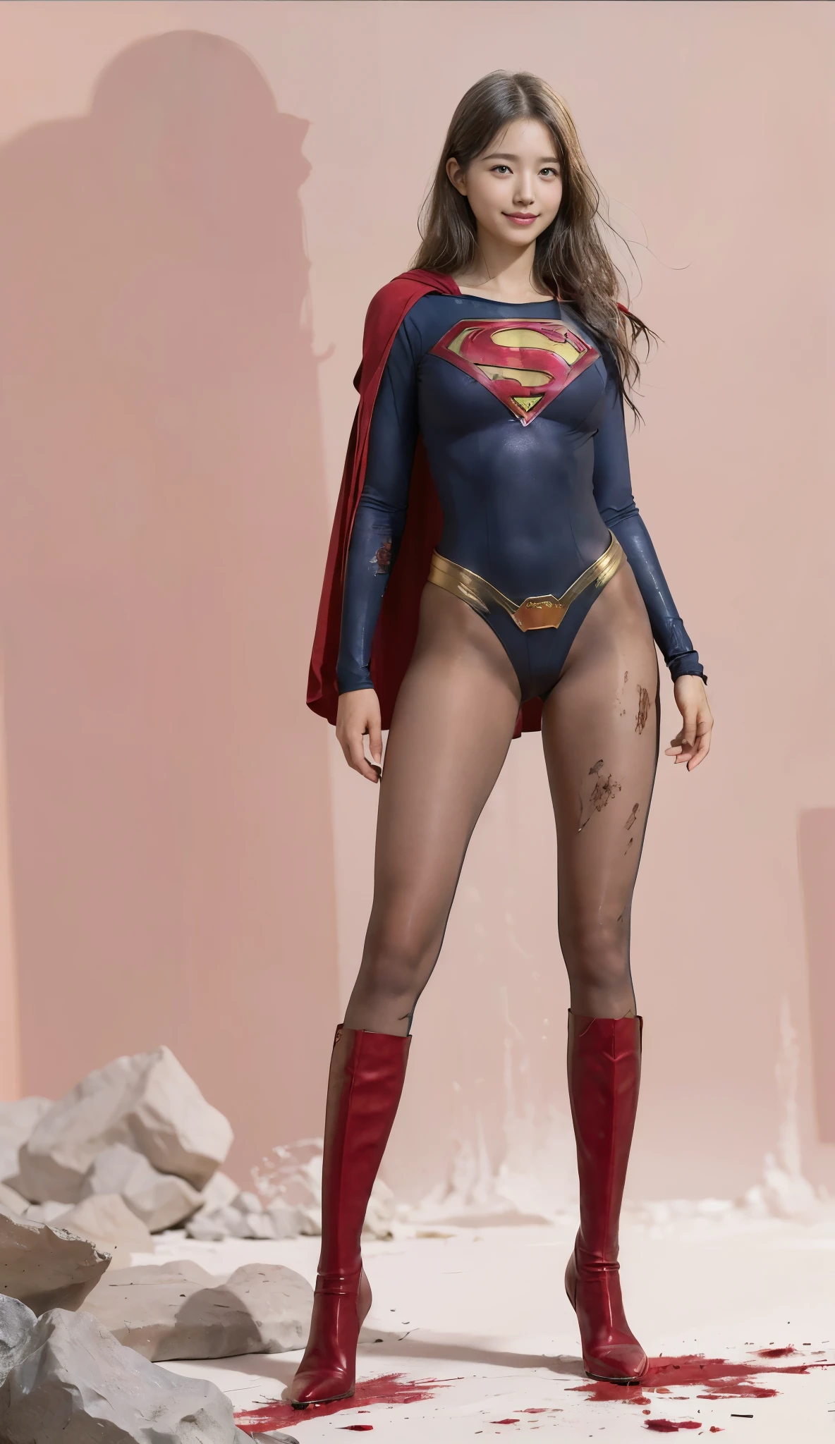No background、(((Beautiful legs in black tights.)))、(((Legally express the beauty of your smile)))、((((Make the most of your original images)))、(((Supergirl Costume)))、(((Beautiful Hair)))、(((suffering)))、(((Please wear black tights....、Wear red boots)))、((Best image quality、8k))、((Highest quality、8k、masterpiece:1.3))、(((Preserve background )))、Sharp focus:1.2、Beautiful woman with perfect figure:1.4、Slim Abs:1.2、Wet body:1.5、Highly detailed face and skin texture、8k