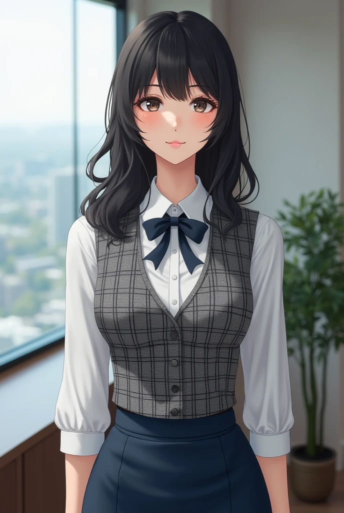 1 lady standing, office worker, recepcionista, (white and gray checkered vest:1.2) (navy blue pencil skirt) butterfly necktie, mature woman, /(Bblack hair/) bangss, blush gentle smile, (masterpiece best quality:1.2) PICTURE REALISTIC, delicate ultra detailed, big breasts BREAK (Modern office indoors), window cityscape, detailed back ground