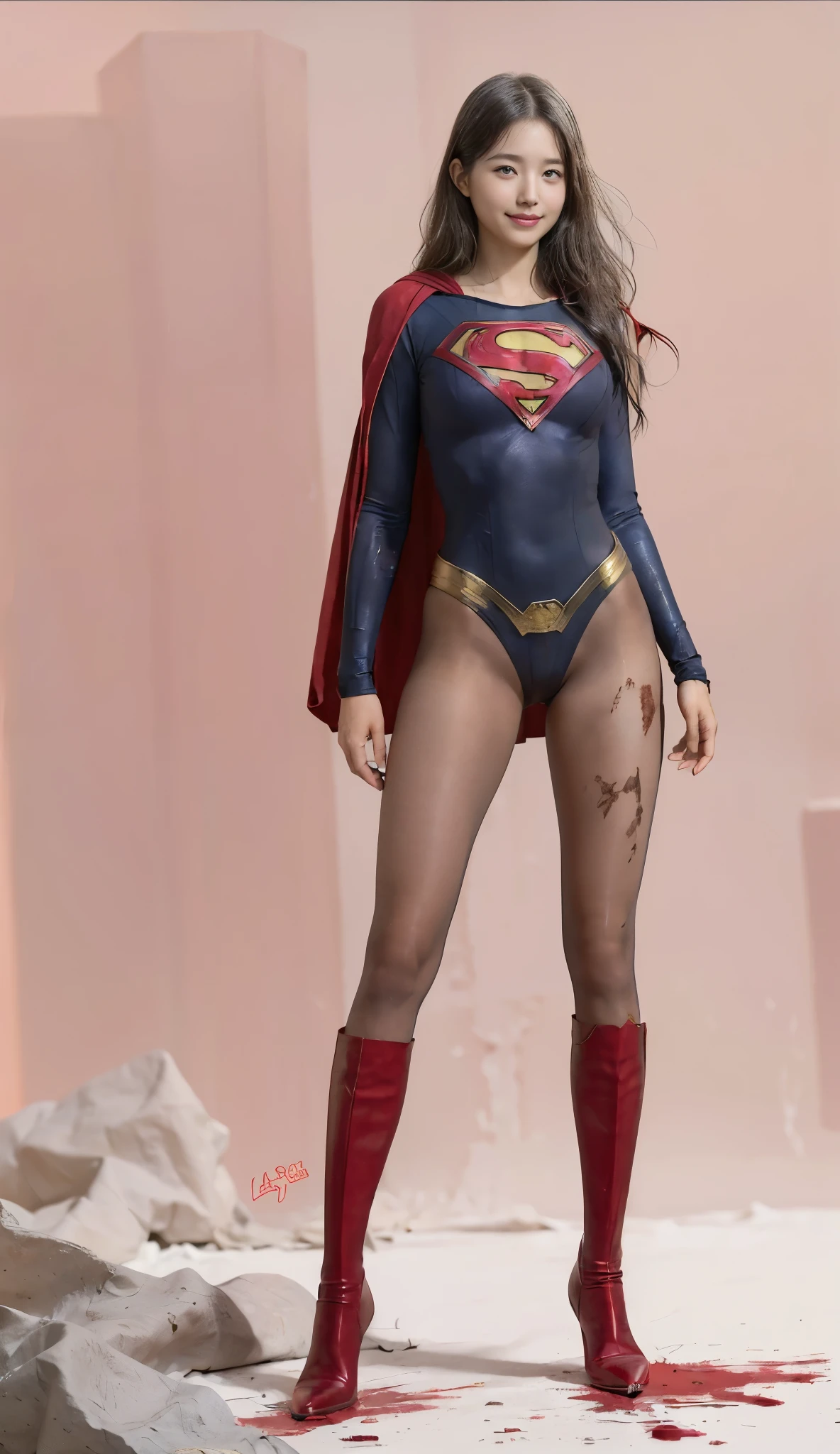 No background、(((Beautiful legs in black tights.)))、(((Legally express the beauty of your smile)))、((((Make the most of your original images)))、(((Supergirl Costume)))、(((Beautiful Hair)))、(((suffering)))、(((Please wear black tights....、Wear red boots)))、((Best image quality、8k))、((Highest quality、8k、masterpiece:1.3))、(((Preserve background )))、Sharp focus:1.2、Beautiful woman with perfect figure:1.4、Slim Abs:1.2、Wet body:1.5、Highly detailed face and skin texture、8k