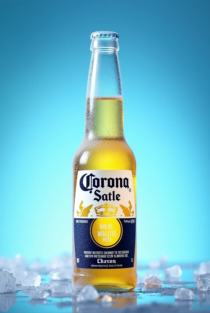 “Create an image of a beer bottle similar to Corona, with a clear glass bottle partially covered in frost and ice. The bottle should have small ice particles and frosty textures, as if it was slightly frozen. The label on the bottle should resemble the original Corona label, with text and colors that evoke the brand. The background should be a cool, gradient blue, emphasizing the refreshing, icy nature of the beer. The lighting should highlight the coldness and clarity of the bottle.”