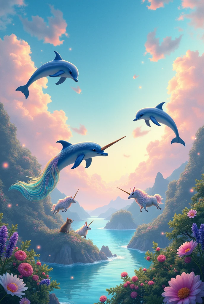 Make a fairy tale with dolphins and unicorns in the cute sky, With several cute animals, a more imaginative world with a fairy tale, a sky with a sea