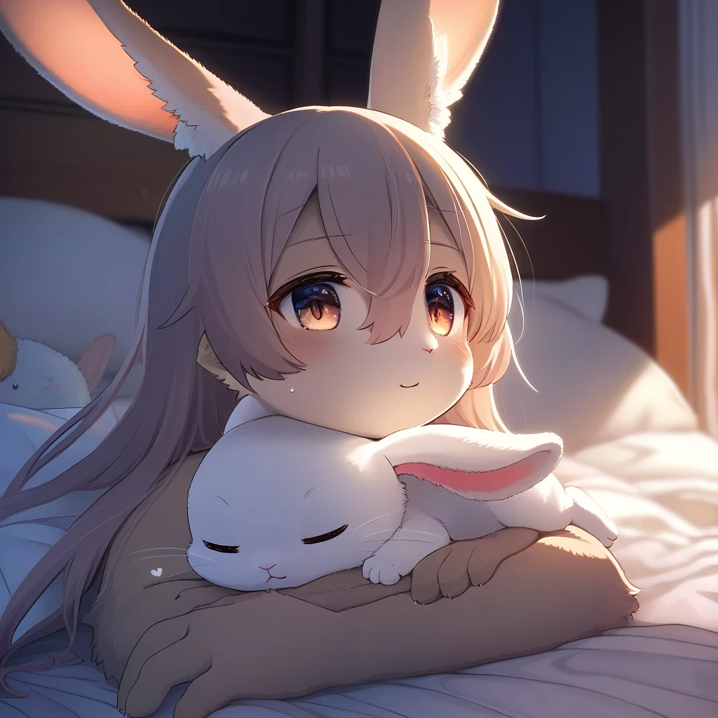 ((Masterpiece)), ((Best Quality)), (Very Detailed), ((Very Detailed)), 4K, (8K), very aesthetic, absurdres highres, 1 woman, (anthropomorphic Rabbit, furry, kemono:1.5), On a quiet family night, a child sleeps in bed in a bedroom bathed in cool moonlight. The child sleeps with a look of love on his face, and the whole room is filled with a sense of peace and security. Soft shadows fall in the room, and the textures of the bedspread and pillows are realistically depicted.