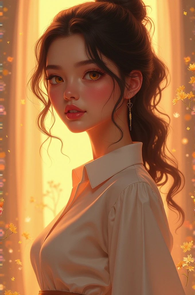 One girl, with a cute smile, beautiful skin color, pink lips and wearing a sealed shirt that widens at the waist Having beautiful skin with yellow eyes and having a beautiful background