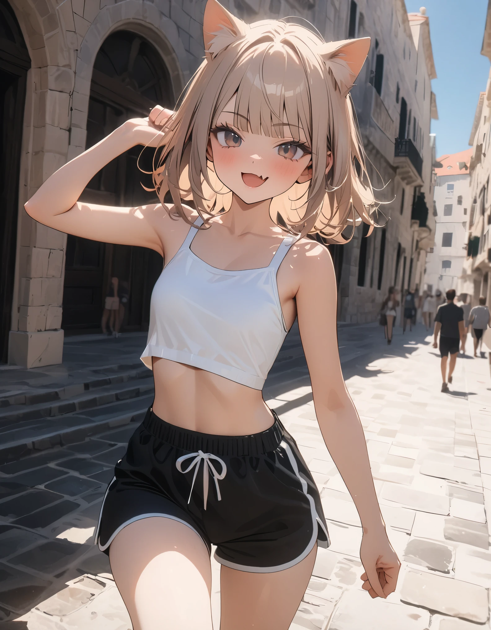 ((Masterpiece)), ((best quality)), (wide shot), (super detail:1.2), (High Definition:1.3), ((extremely detailed)), (8K), (Professional Photography:1.2), (very aesthetic:1.2), (absurdres:1.2), (sharp focus), (perfect light), (drop shadow), 8K, Glossy skin, cinematic lighting, 1girl, (Knit fabric crop top), (dolphin shorts), (Cute innocent age girl), slendar body, small breast, glossy medium hair, (loose blunt bangs), open mouth wide, skin fang, (smug), beautiful collarbones, (slightly exposed shoulders), (put on cat ears), pale brown hair, Hair that flutters in the wind, BREAK, ((raise fist)), (cute cheeks), glossy lips, pouty lips, (eyelashes), (Walking on Dubrovnik townscape in Croatia), summerday, perfect hands, (detailed background:1.2), (newest), clear line,