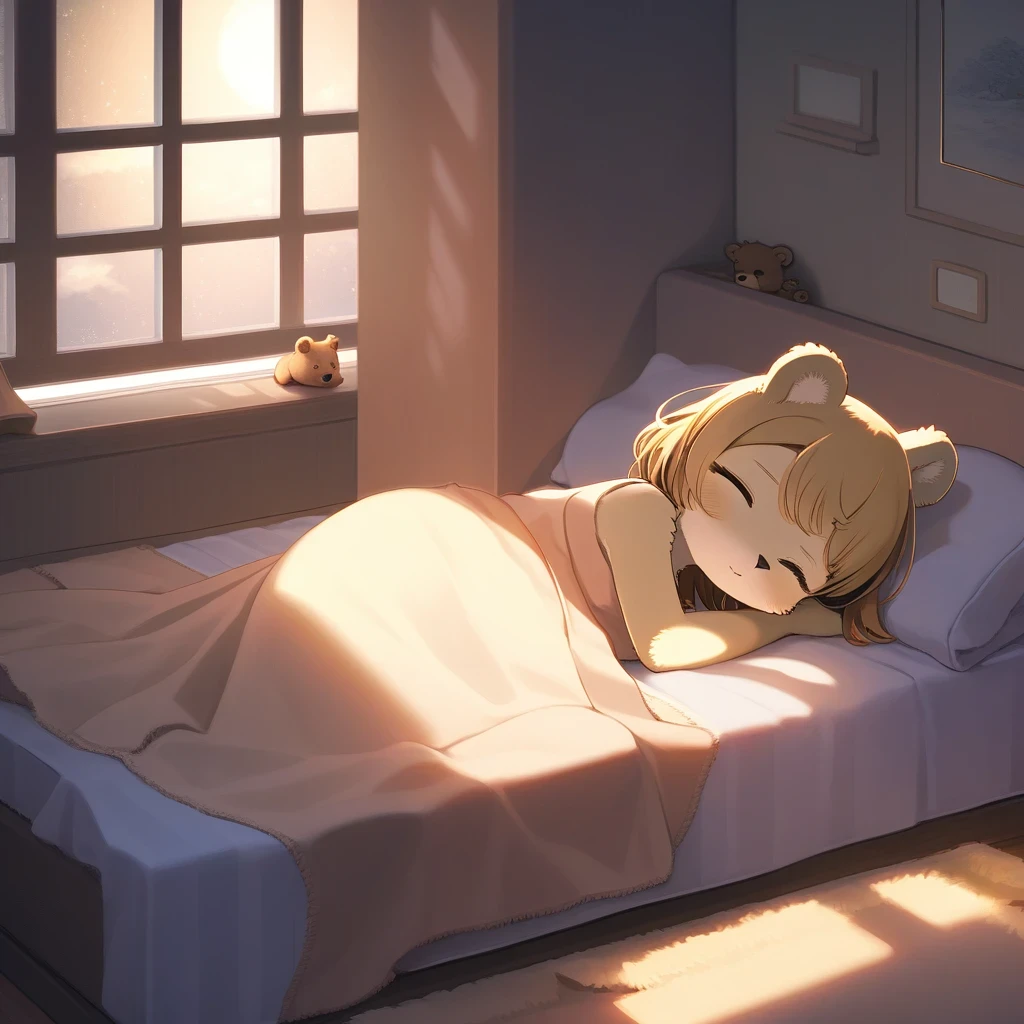 ((Masterpiece)), ((Best Quality)), (Very Detailed), ((Very Detailed)), 4K, (8K), very aesthetic, absurdres highres, 1 woman, (anthropomorphic bear, furry, kemono:1.5), In the bedroom at night, a  sleeps peacefully on the bed as the moonlight shines through the window. The warm light from the lamp softly illuminates the room, and the childeeping face looks peaceful and secure. The textures of bed covers, pillows, and blankets are depicted in detail.
