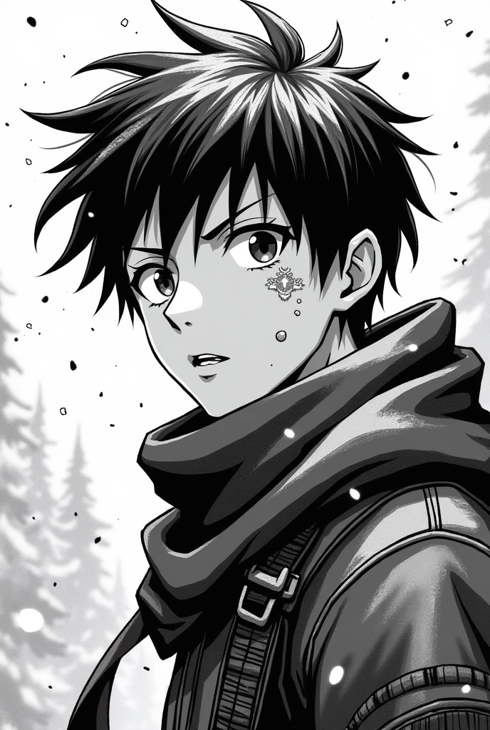 a black and white icon drawing of a guy wearing a scarf in a snowy place, anime or manga style, with a zoom on his face showing from the shoulders up, leave in a manga drawing footprint and with some wounds, more sleeve and looking to the right, make it as cartoonish as possible, more injuries and the bigger the zoom
