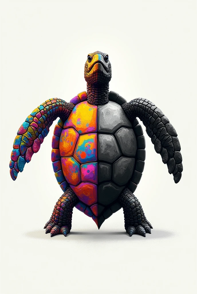 Draw a turtle, half in lots of color and half in black and white.