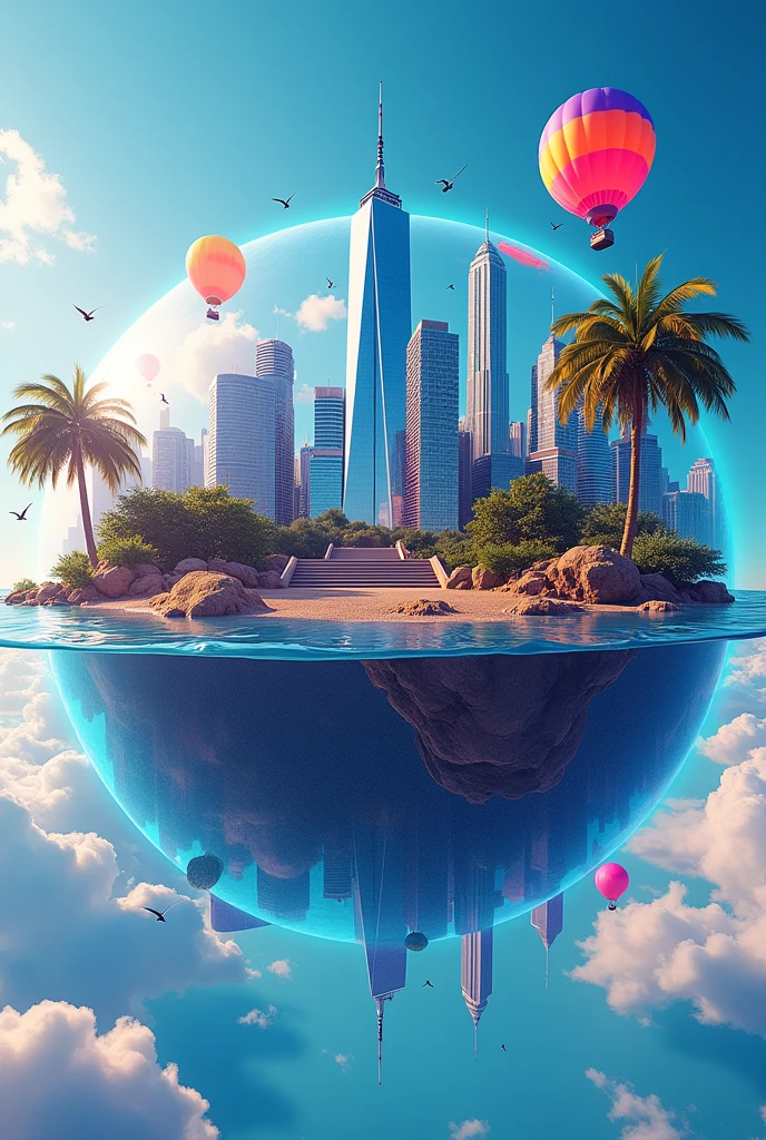 a 360 fisheye globe effect with nyc buildings synths palm trees
pool birds and hot air balloon sticking out 3d plastic shading all bright colors neon blue purple red keyshot render