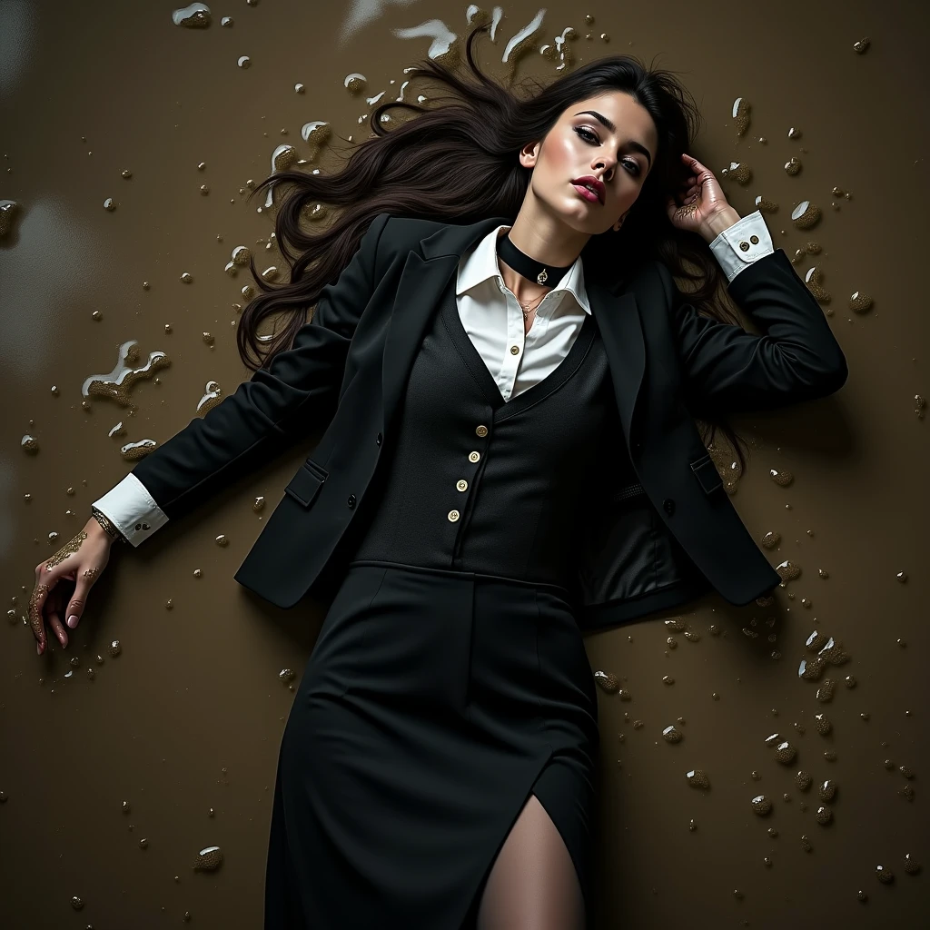 A realistic photo of one slender business goth lady, model-like appearance with long hair. She is dressed in long black business pencil skirt made from cotton fabric, black business jacket made from cotton and wool fabric. black business vest, white muddy shirt, stockings, black choker on the neck. She located in very muddy and flooded office. She lie in flirtatious and modest pose on backs on the floor and mired in dirty water and liquid mud, all her clothes are stained with liquid mud, she smears liquid mud over all her clothes(black business pencil skirt, jacket, vest, shirt, stockings), face, hair from head to toe. Her clothes completely covered in liquid mud. The light brilliantly illuminates all her clothes in details, casting small shadows and emphasizing the texture of the liquid mud on her clothes. View angle of the camera from top and rotated in different angle from the business lady