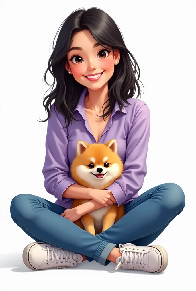Create a full body drawing of a smiling girl with medium length black hair, wearing a lilac blouse and blue jeans,
wearing white sneakers and holding a Palmerian Lulu dog on her lap
