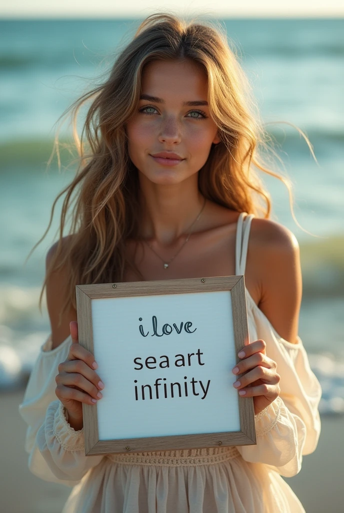 Beautiful girl with wavy long hair, bohemian dress, holding a white board with text "I Love Seaart Infinity" and showing it to the viewer