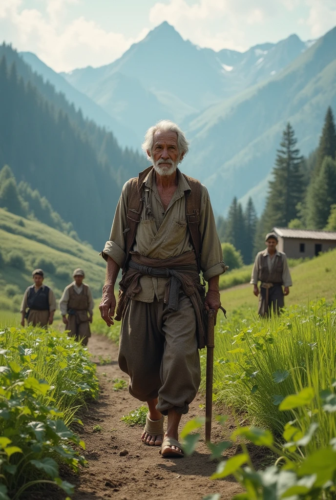 A farm with people working in the fields that looks like it&#39;s from the mountains and an old man with dirty and torn clothes is passing by.