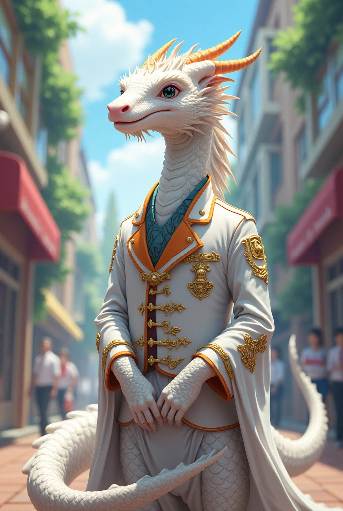 white juvenile dragon, ideal body, still a student, being a student council member, wearing student council clothes, anime texture