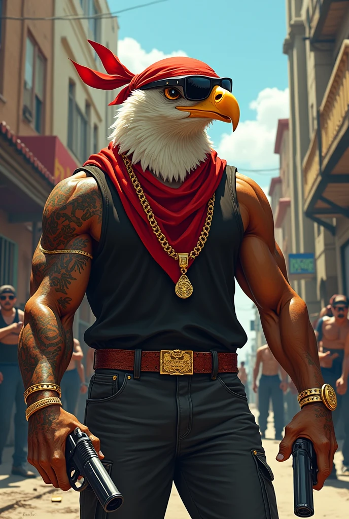 An eagle dressed as a cholo with sunglasses and a bandana with a gun in the neighborhood and his gang
