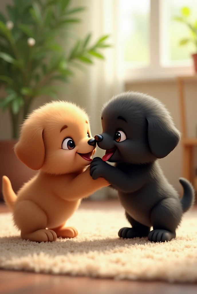 Two small, furry puppies, one brown and the other black with a flat snout and little paws.