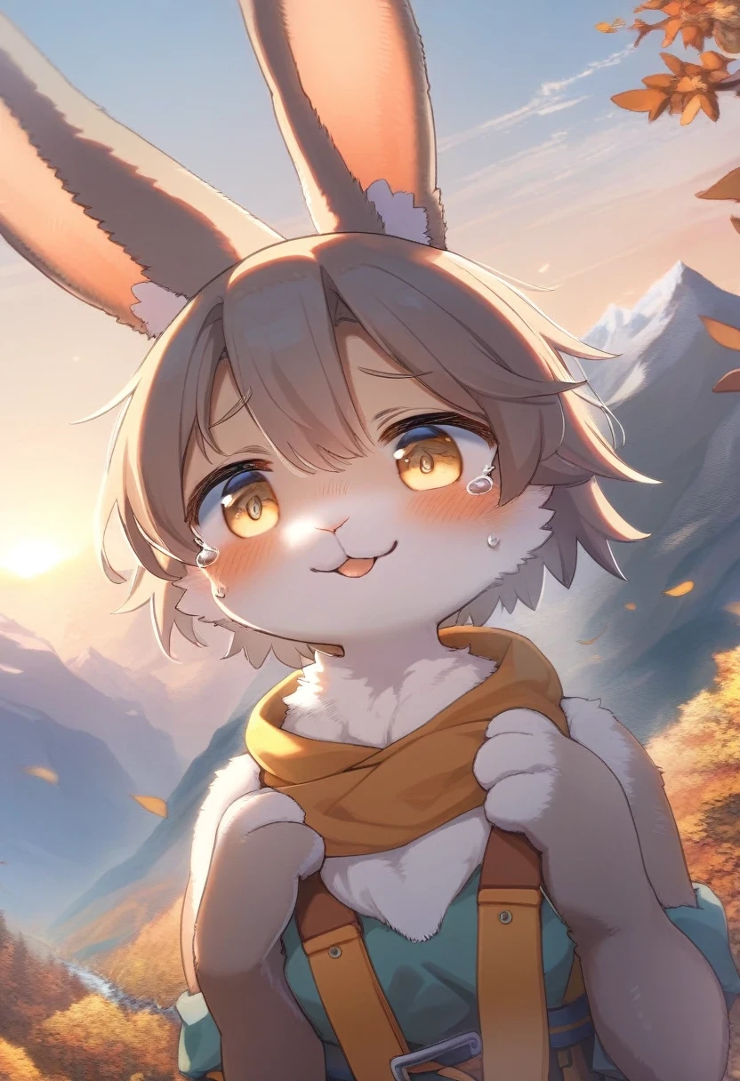 ((Masterpiece)), ((Best Quality)), (Very Detailed), ((Very Detailed)), 4K, (8K), very aesthetic, absurdres highres, 1 woman, (anthropomorphic Rabbit, furry, kemono:1.5), At sunrise, with magnificent mountains in the background, a mountaineer puffs out his chest with a sense of accomplishment on his face. Tears are rolling down his cheeks, warm natural light illuminates his smile, and the leaves on the trees are swaying in the wind. Sweat glistens on the climbers' faces, and their expressions are a mixture of fatigue and joy. Morning mist hangs in the distance, and the mountains stand out in a fantastical way.