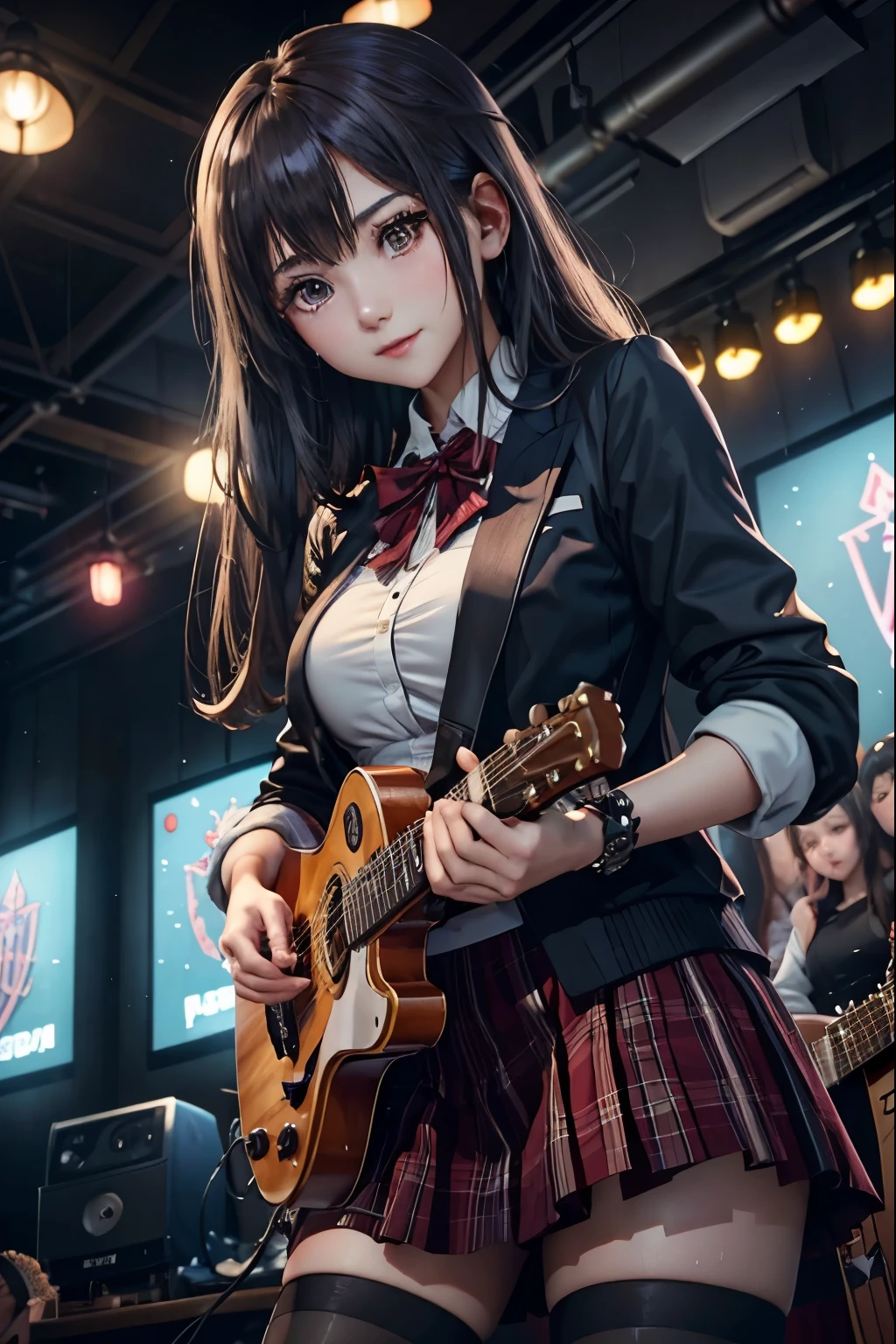 High school girl blazer、uniform、Red checked knee-length skirt、Long skirt、JK Style、Jacket、smile、Knee-high socks、Thigh-high socks、pantyhose、Extremely beautiful、Super cute、ennui、Rare Beauty、Dark black eyeshadow、sad、Skin radiance、Long Hair Straight Hair、Dark Gothic Makeup、Dark Smile、Fragrant beauty、Stained glass background、masterpiece、Highest quality、See 5 books、Sweat glistening on my chest、Sweat glistening on the face、Small breasts、2、Slightly slim、Mysterious look、Sad look、Mysterious Gothic Church、enchanting castle、Excessive sweating all over the body、Thighsに大量の汗と光、光沢のあるThighs、Thighs、Thighsに大量の汗が光る、sweat profusely、Gal、Small breasts、Japanese face、Captivating look、細いThighs、play the guitar、I have a guitar、Enthusiastic singing、バンドでplay the guitar、Playing guitar chords、Background of the live music venue、Sing a song、Open your mouth、Scenery of a live music venue、Mike stand、Glamorous live stage、Dynamic Angles、Vivid straight long hair、delicate straight hair、