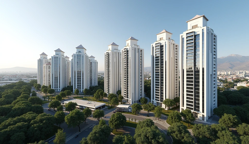 Create a realistic image in the form of a photograph that captures the city of Arequipa. It includes eight residential buildings of modern and elegant design in white, each with 28 floors and a height of 84 meters. It encloses four commercial buildings with reflective mirror facades, each 28 floors and 120 meters high. Be sure to incorporate trees and greenery into the environment for a natural touch. The perspective must show a panoramic view that highlights the scale and design of these buildings in the urban context of Arequipa.