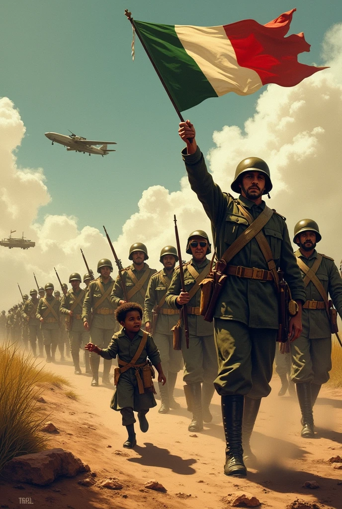 In the background, A dramatic scene unfolds showing Italian troops in military uniforms marching into Ethiopia.. They are shown aggressive and imposing, with tanks and planes hovering overhead. A soldier waves an Italian flag, while another kicks a small Ethiopian figure who looks helpless and distressed, which emphasizes the aggression that Ethiopia faces.